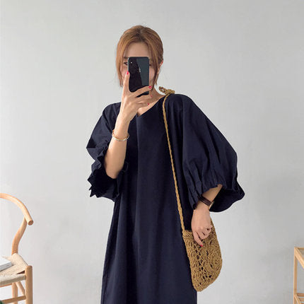 Damen Oversized V-Ausschnitt Baumwollkleid mit Volantärmeln Drune