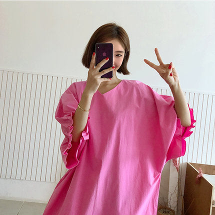 Damen Oversized V-Ausschnitt Baumwollkleid mit Volantärmeln Drune
