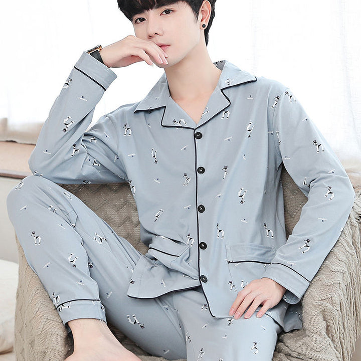 Herren-Pyjama-Set, 100% Baumwolle, langärmelig, geknöpft