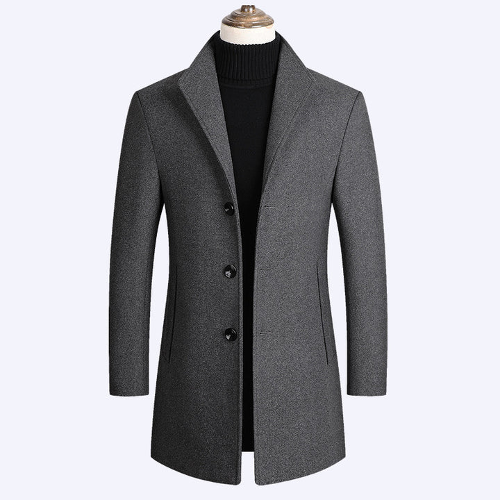 Herren Modernes einreihiges Wollmix-Longcoat mit schmaler Passform und minimalistischer Knopfleiste Drune