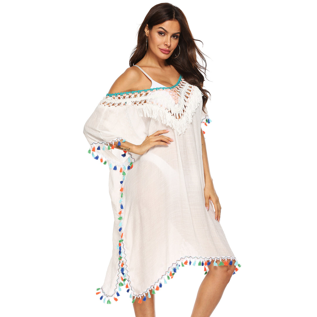 Damen Strandkaftan mit buntem Quastenrand Drune