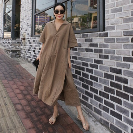 Damen Weites Hemdkleid aus Leinenmix mit Kentkragen, Kurzarm und Seitenschlitzen Drune