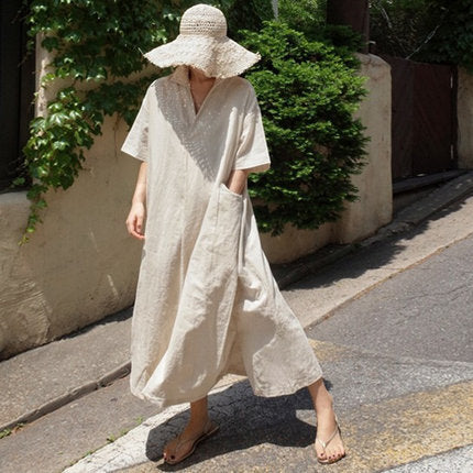 Damen Weites Hemdkleid aus Leinenmix mit Kentkragen, Kurzarm und Seitenschlitzen Drune