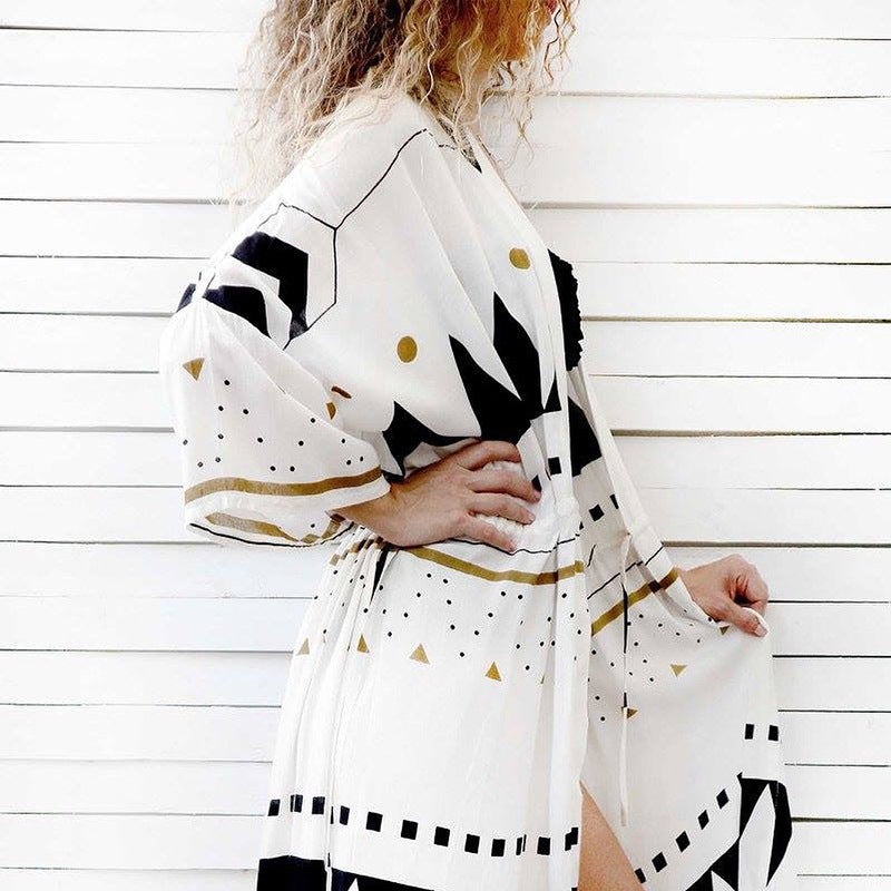 Damen Midikleid-Kaftan mit V-Ausschnitt, Tunnelzug-Taillenraffung & grafischem Print Drune