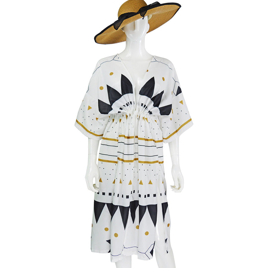 Damen Midikleid-Kaftan mit V-Ausschnitt, Tunnelzug-Taillenraffung & grafischem Print Drune