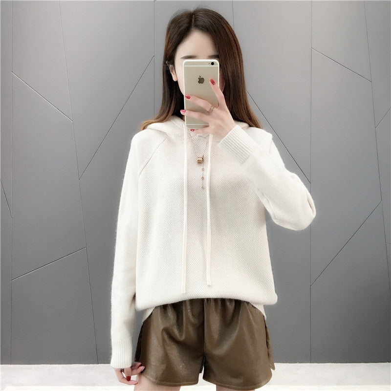 Damen Klassischer Strickpullover mit Kapuze und Kordelzug Drune
