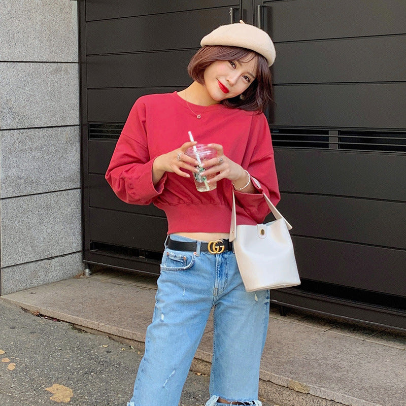Damen gestreifter cropped Pullover mit Ballonärmeln Drune
