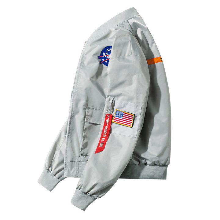 Männer's  leichte gestickte Raum-Patch Ärmel-Reißverschluss Utility-Jacke Drune