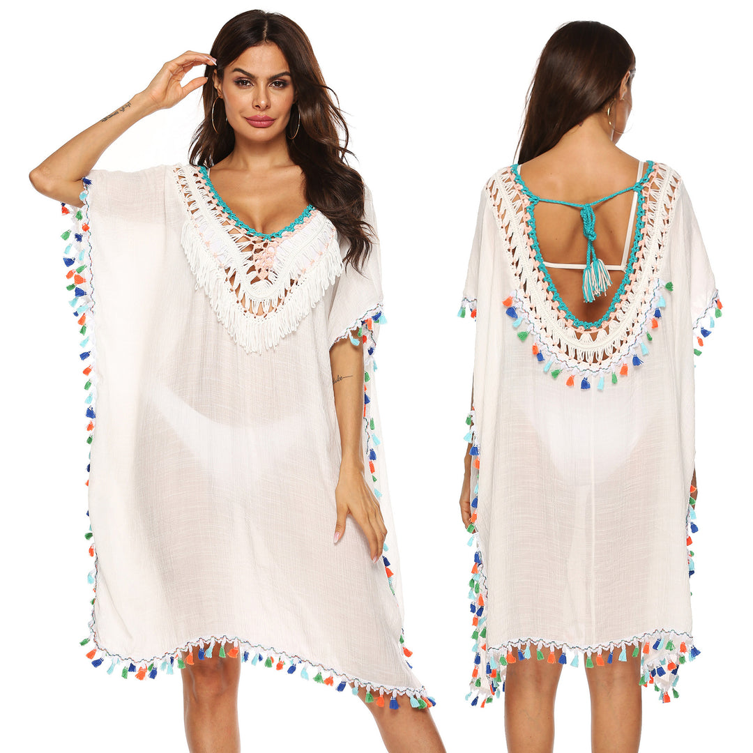 Damen Strandkaftan mit buntem Quastenrand Drune