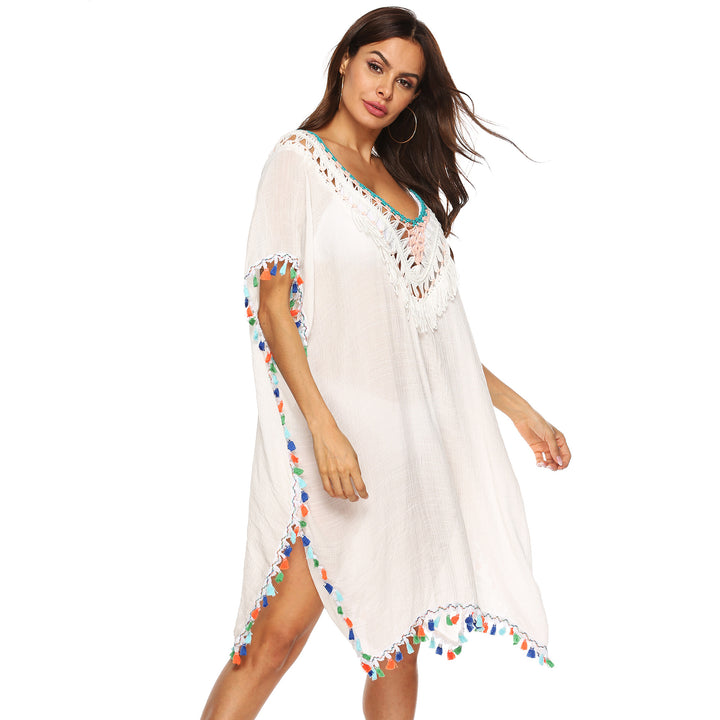 Damen Strandkaftan mit buntem Quastenrand Drune