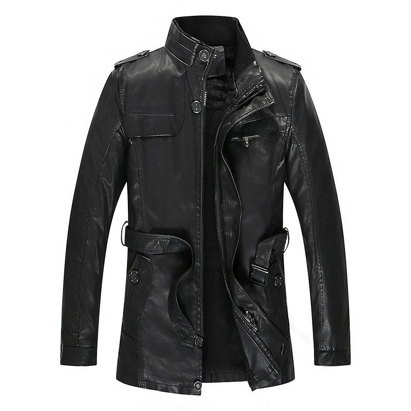 Herren Lederjacke mit Teddyfutter, Taillengürtel und Stehkragen Drune