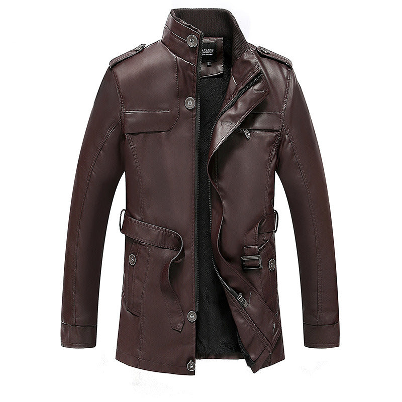 Herren Lederjacke mit Teddyfutter, Taillengürtel und Stehkragen Drune