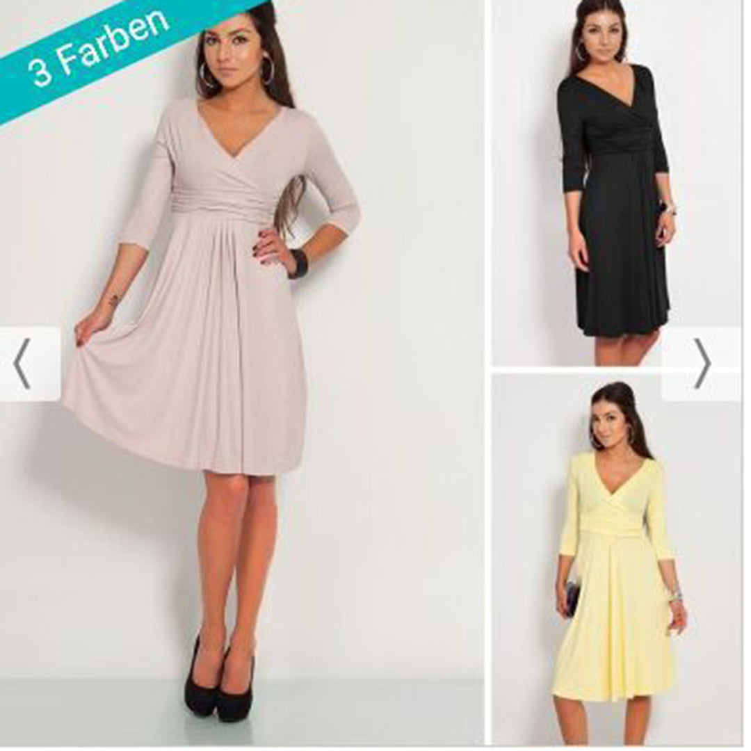 Damen Wickelkleid mit V-Ausschnitt, taillierter Empire-Passe & 3/4-Ärmeln Drune