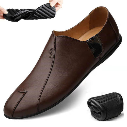 Herren Weicher Leder-Slip-On Loafer mit quadratischer Zehenform, elastischen Einsätzen und gepolstertem Komfortfußbett Drune