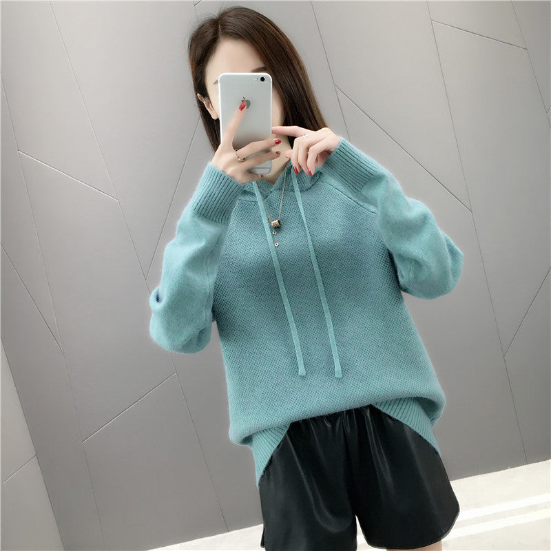 Damen Klassischer Strickpullover mit Kapuze und Kordelzug Drune