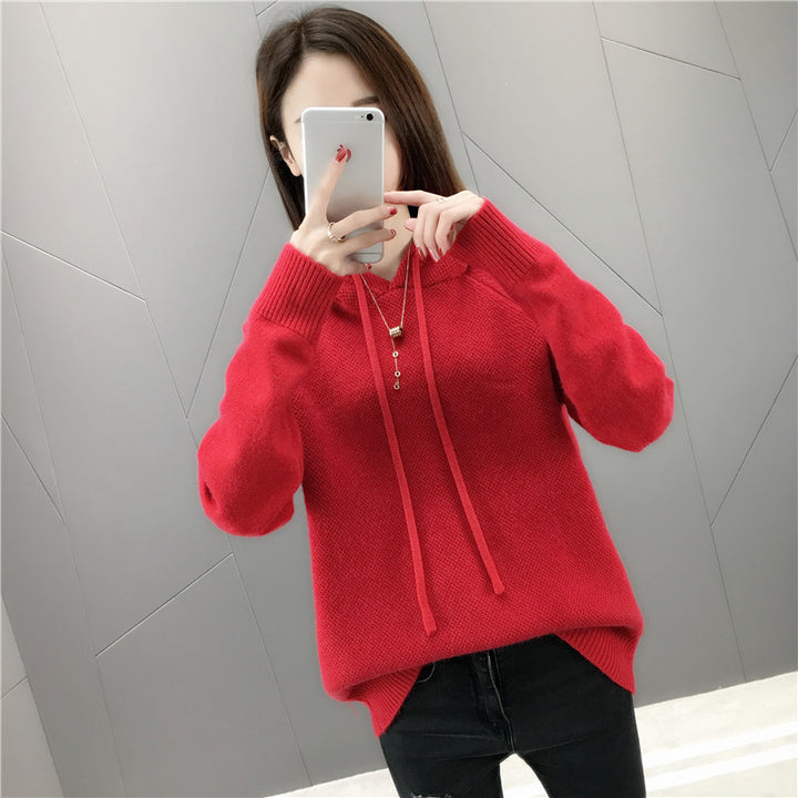 Damen Klassischer Strickpullover mit Kapuze und Kordelzug Drune