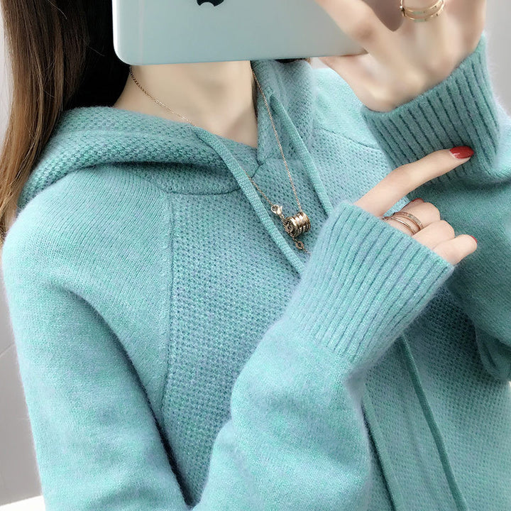Damen Klassischer Strickpullover mit Kapuze und Kordelzug Drune