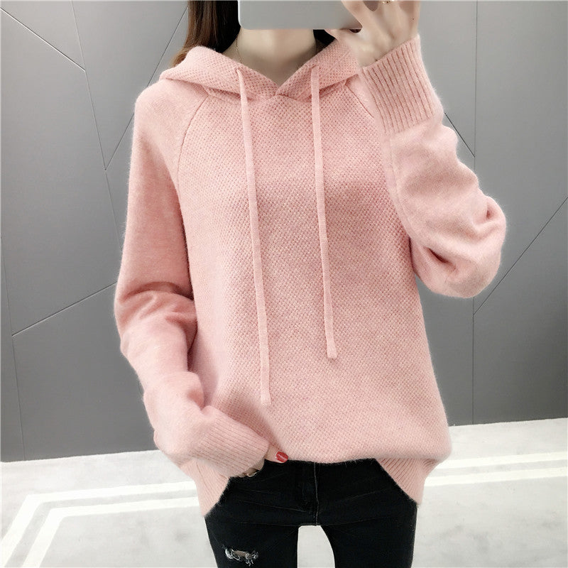 Damen Klassischer Strickpullover mit Kapuze und Kordelzug Drune