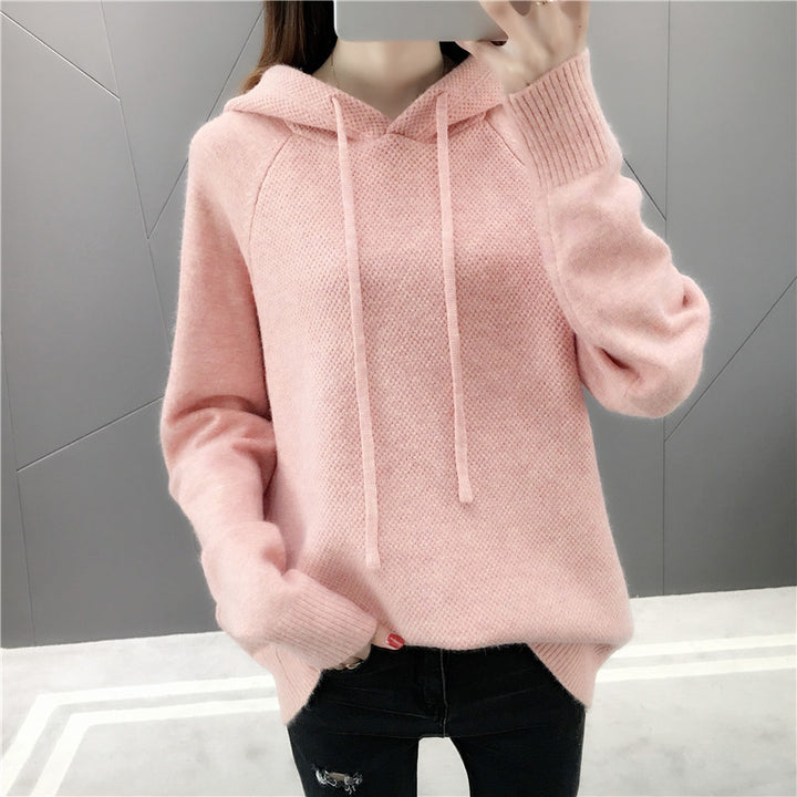 Damen Klassischer Strickpullover mit Kapuze und Kordelzug Drune