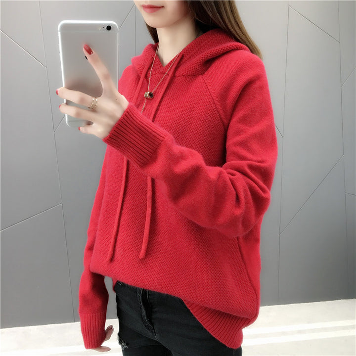 Damen Klassischer Strickpullover mit Kapuze und Kordelzug Drune