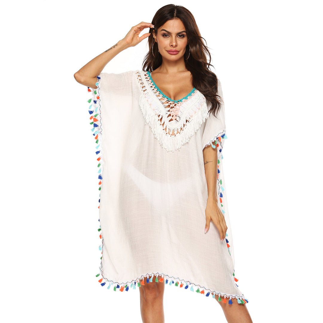 Damen Strandkaftan mit buntem Quastenrand Drune
