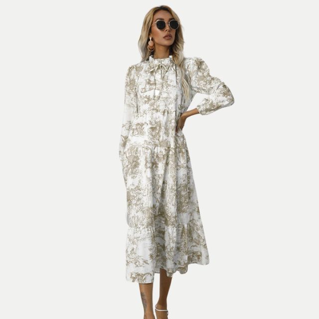 Drune | Toile-Druck Midi-Kleid mit hohem Kragen