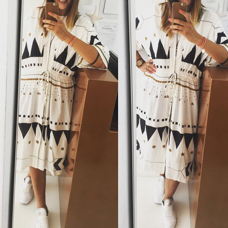 Damen Midikleid-Kaftan mit V-Ausschnitt, Tunnelzug-Taillenraffung & grafischem Print Drune