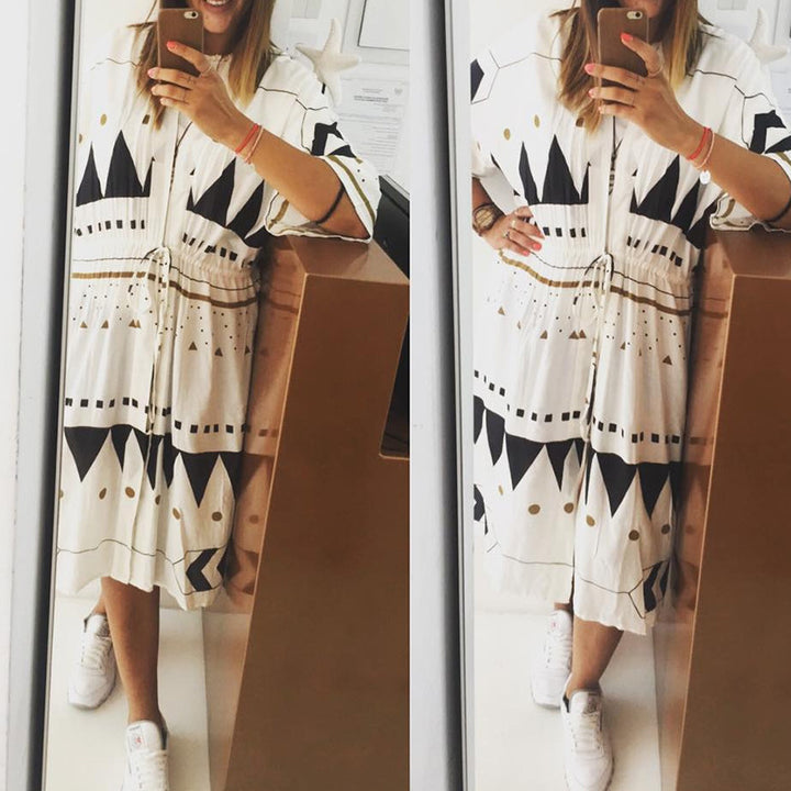 Damen Midikleid-Kaftan mit V-Ausschnitt, Tunnelzug-Taillenraffung & grafischem Print Drune