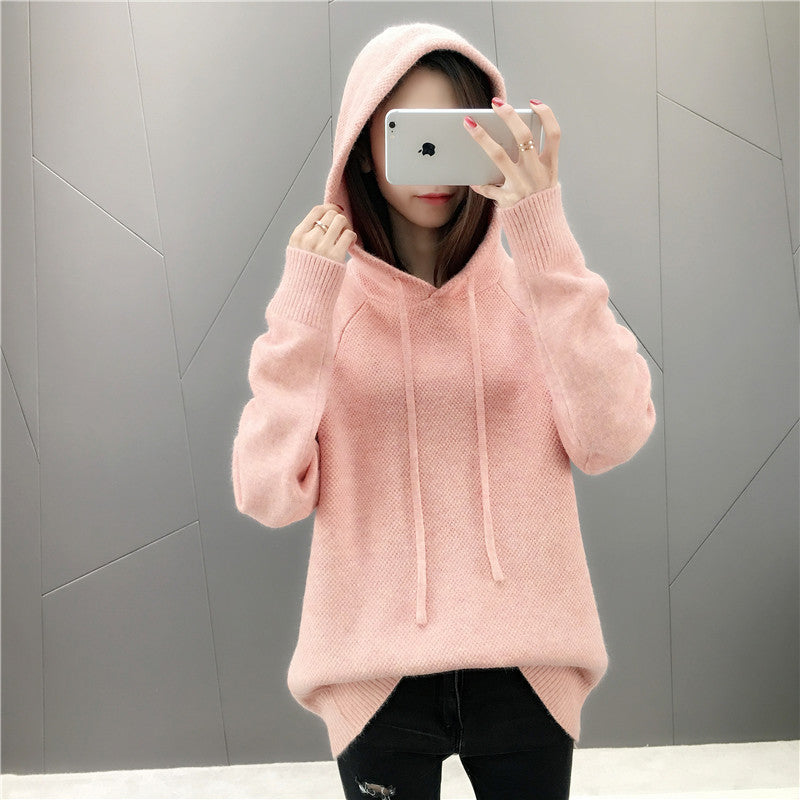 Damen Klassischer Strickpullover mit Kapuze und Kordelzug Drune
