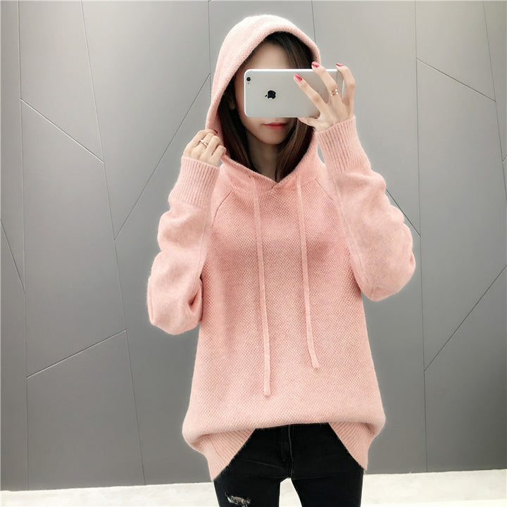 Damen Klassischer Strickpullover mit Kapuze und Kordelzug Drune