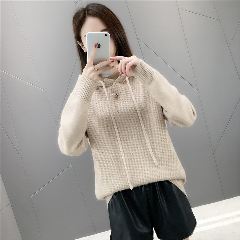 Damen Klassischer Strickpullover mit Kapuze und Kordelzug Drune