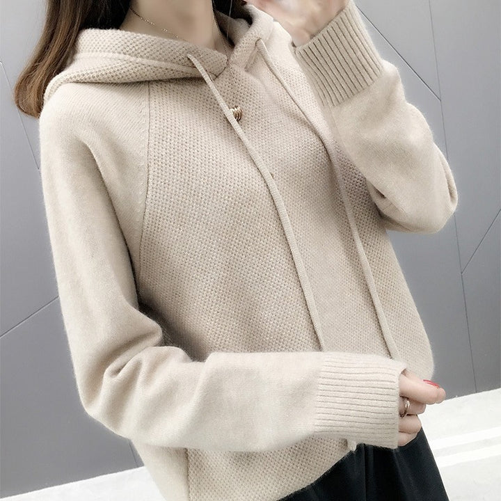 Damen Klassischer Strickpullover mit Kapuze und Kordelzug Drune