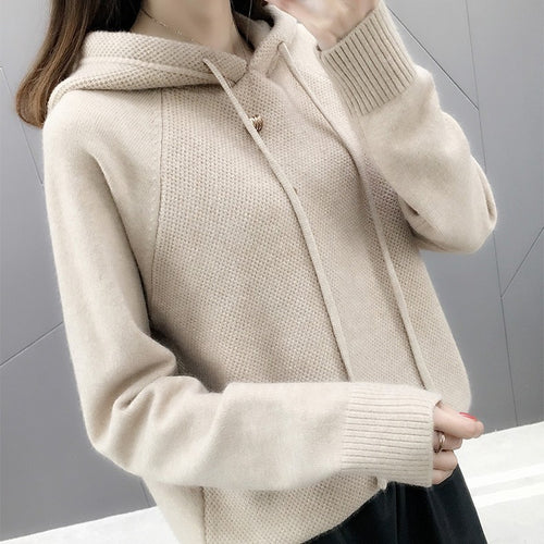 Damen Klassischer Strickpullover mit Kapuze und Kordelzug Drune