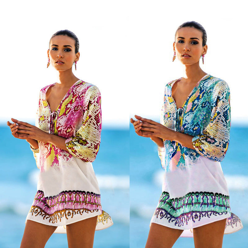 Damen Strandtunika mit kunstvollem Schlangenmuster und eleganten Details Drune