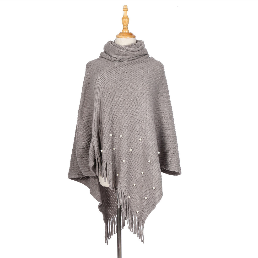 Damen Feinstrick-Poncho mit Rollkragen, Perlenapplikation und Fransensaum Drune