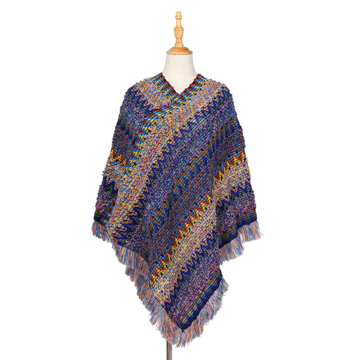 Damen Mehrfarbiger Grobstrick-Poncho mit Zickzack-Jacquard und Fransen Drune