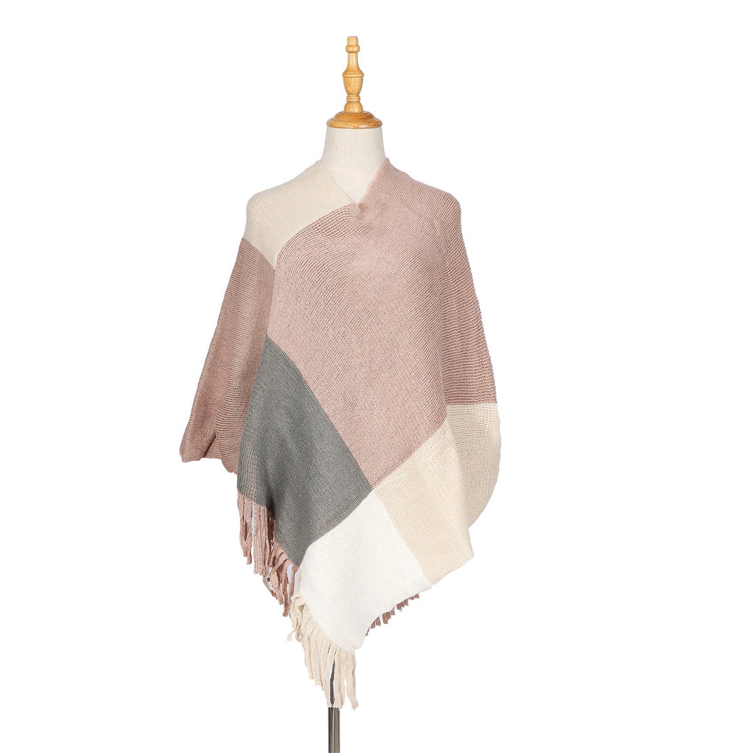 Damen Oversize-Ruana-Poncho mit farbigen Blockelementen und Fransensaum Drune
