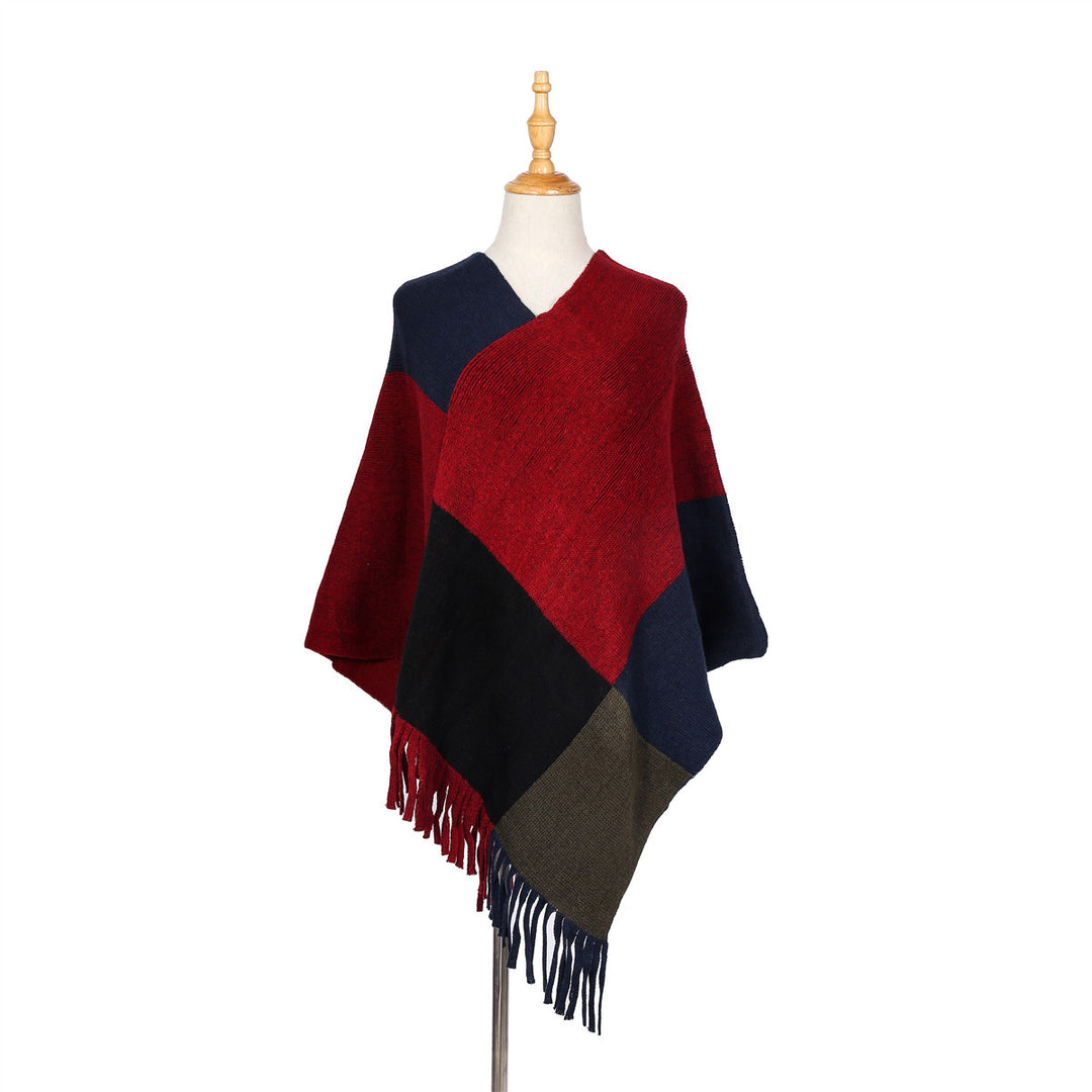 Damen Oversize-Ruana-Poncho mit farbigen Blockelementen und Fransensaum Drune