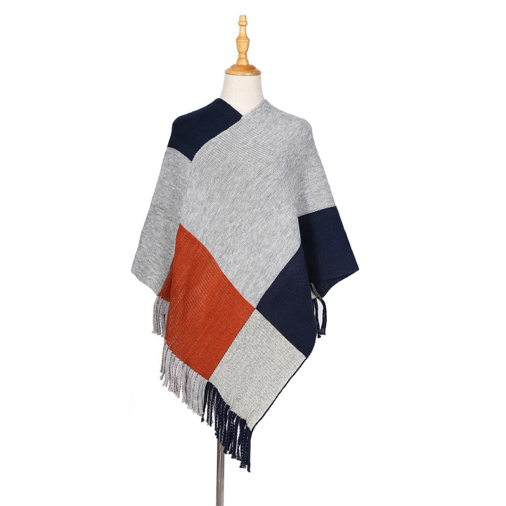 Damen Oversize-Ruana-Poncho mit farbigen Blockelementen und Fransensaum Drune