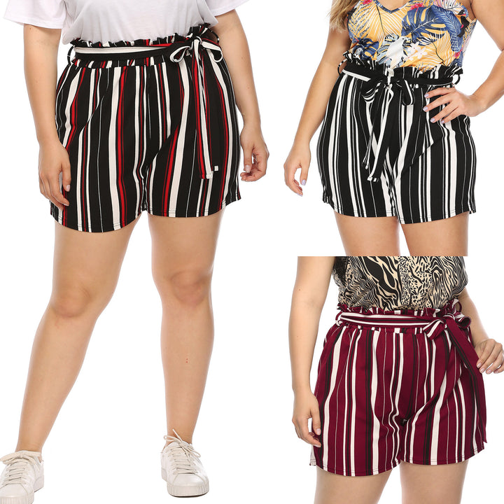 Damen elegant geschnittene gestreifte Shorts mit dekorativem Bindegürtel Drune