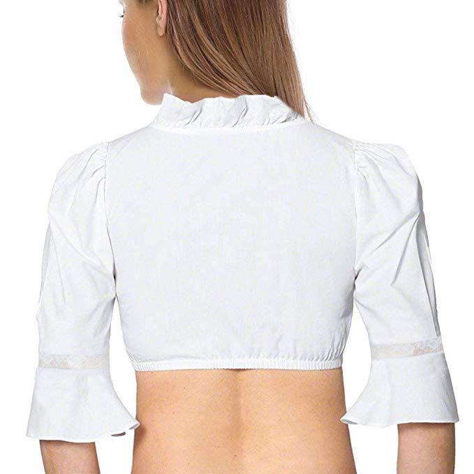 Damen  traditionelle Dirndlbluse mit Rüschenausschnitt und Spitzenbesatz sowie dreiviertelärmel Drune