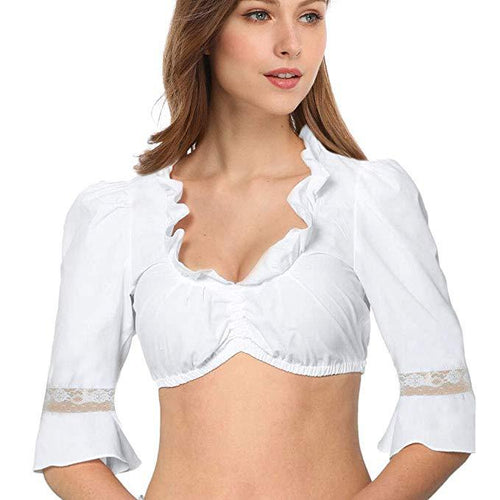 Damen  traditionelle Dirndlbluse mit Rüschenausschnitt und Spitzenbesatz sowie dreiviertelärmel Drune