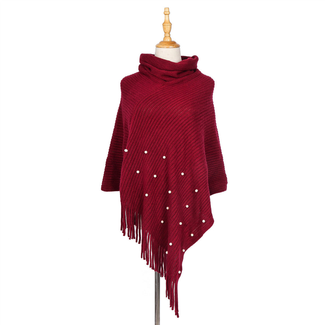 Damen Feinstrick-Poncho mit Rollkragen, Perlenapplikation und Fransensaum Drune