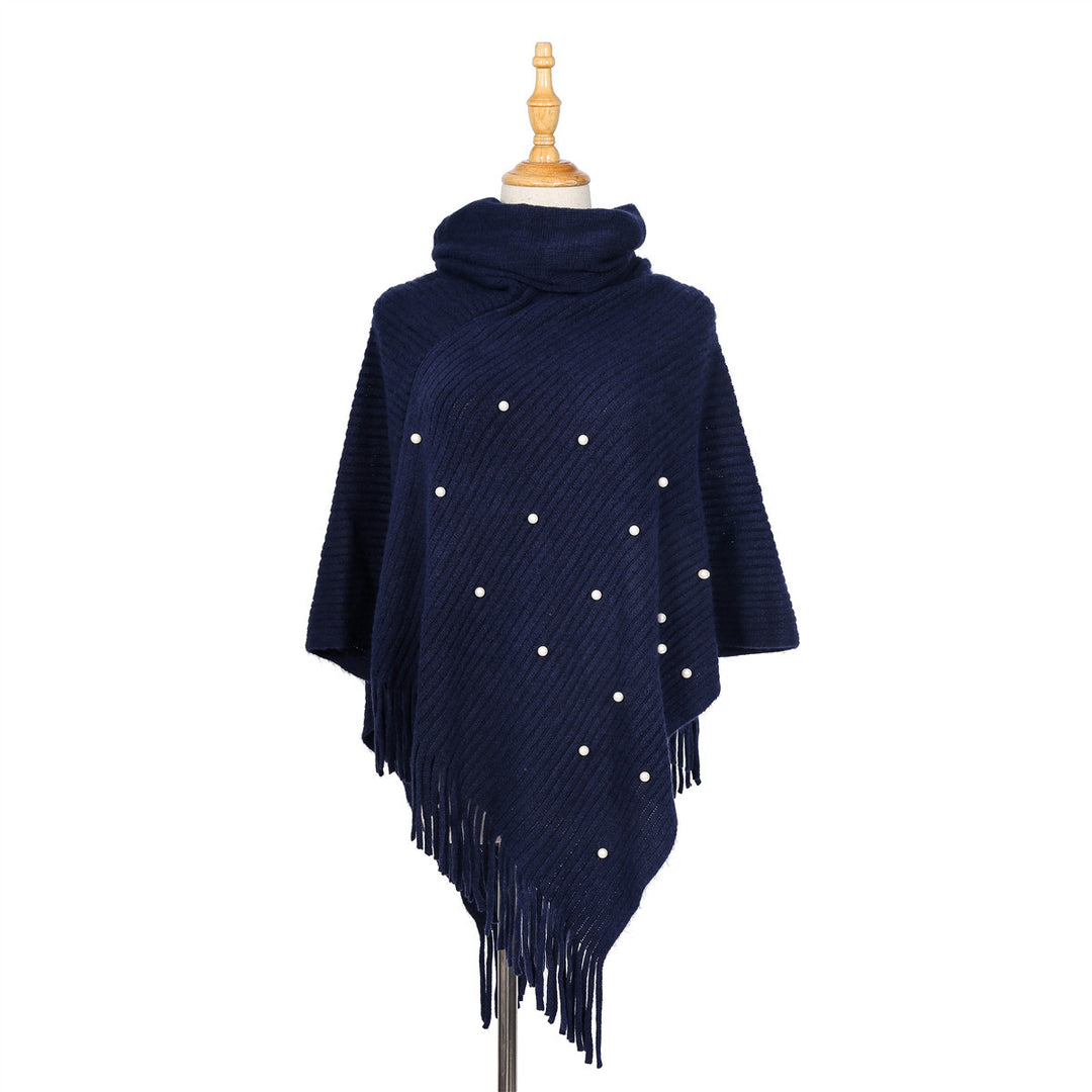 Damen Feinstrick-Poncho mit Rollkragen, Perlenapplikation und Fransensaum Drune