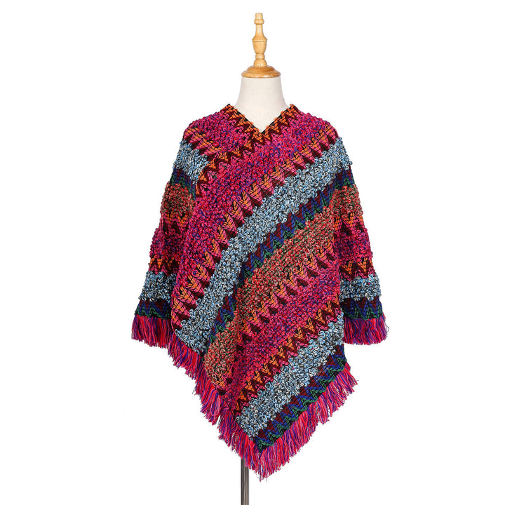 Damen Mehrfarbiger Grobstrick-Poncho mit Zickzack-Jacquard und Fransen Drune