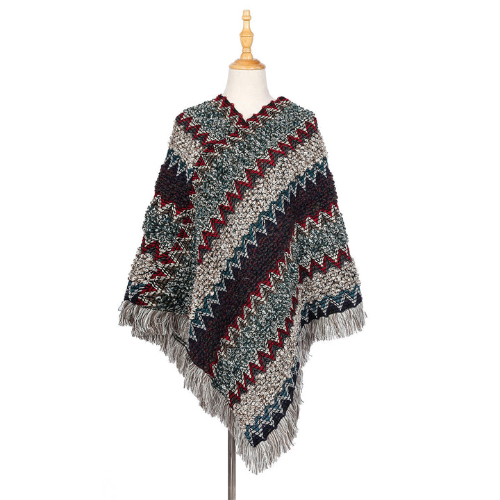 Damen Mehrfarbiger Grobstrick-Poncho mit Zickzack-Jacquard und Fransen Drune
