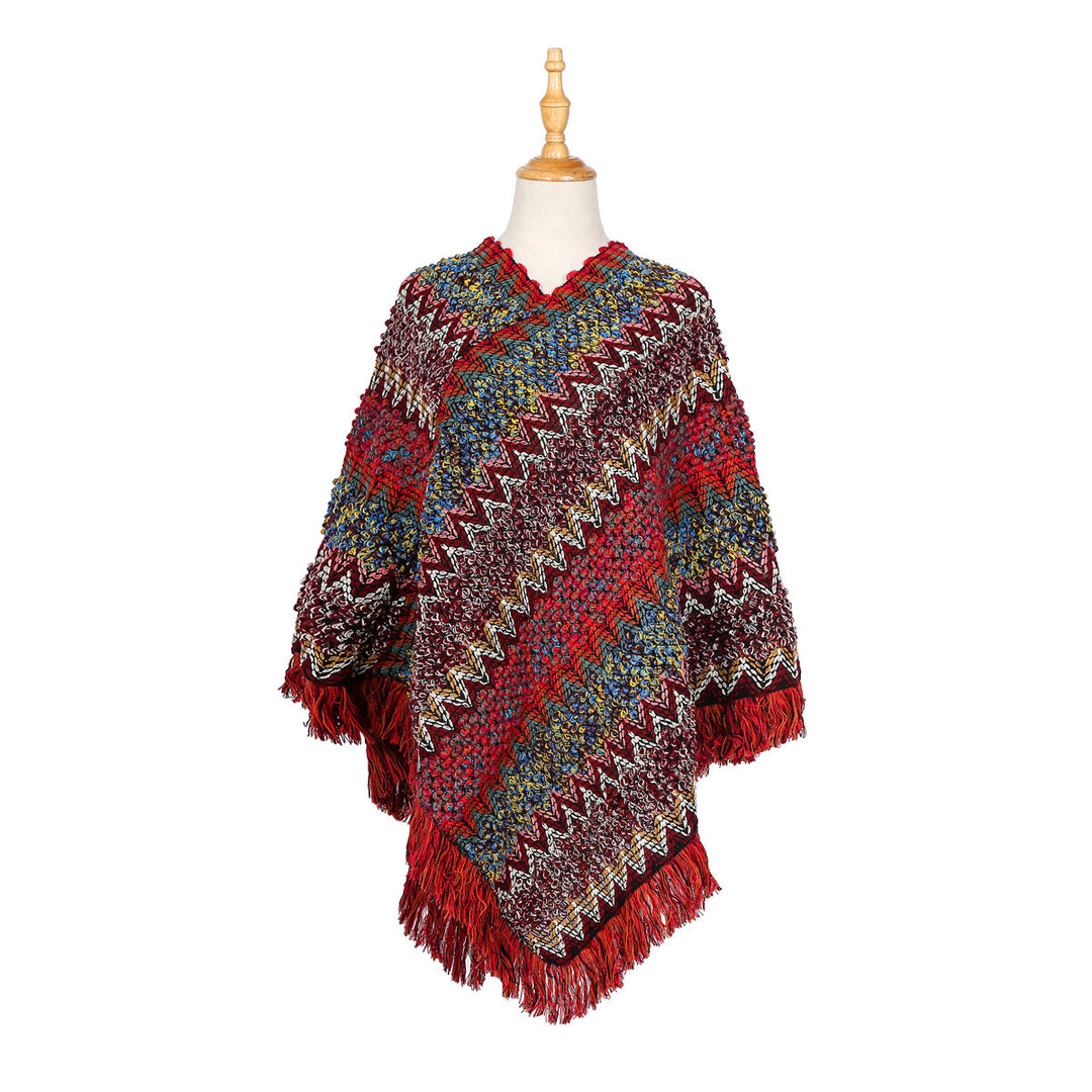 Damen Mehrfarbiger Grobstrick-Poncho mit Zickzack-Jacquard und Fransen Drune