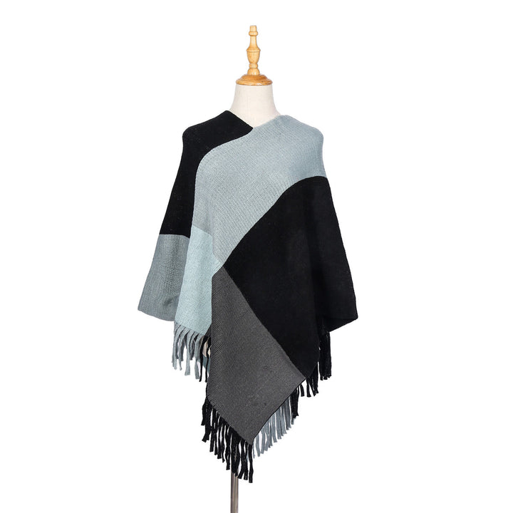 Damen Oversize-Ruana-Poncho mit farbigen Blockelementen und Fransensaum Drune