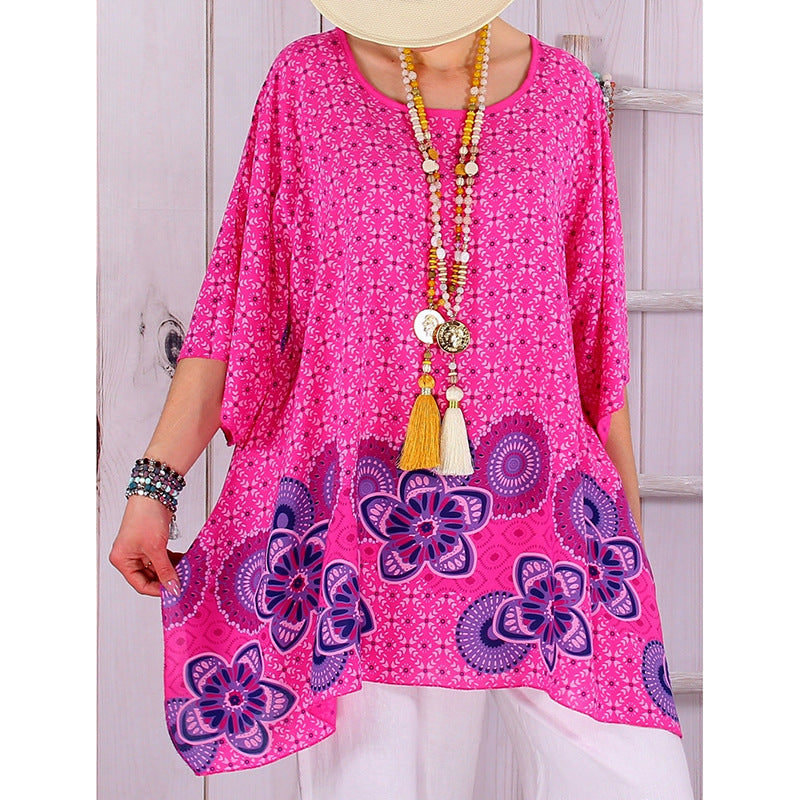 Damen Oversized Boho-Tunika mit floralem Borderprint und ausgestelltem A-Linien-Schnitt Drune