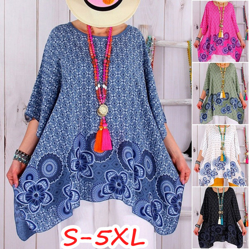 Damen Oversized Boho-Tunika mit floralem Borderprint und ausgestelltem A-Linien-Schnitt Drune